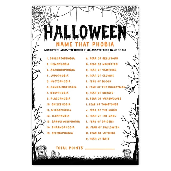 Koyal Wholesale Name That Phobia Halloween Game Cards for Halloween Party, Fun Activities, Graveyard Design, Pk-24