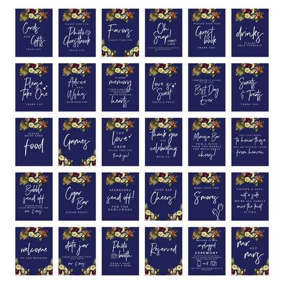 Koyal Wholesale Navy Blue Fall Florals Wedding Signs Bundle Set for Ceremony, Reception Decor Signage, 30-Pack