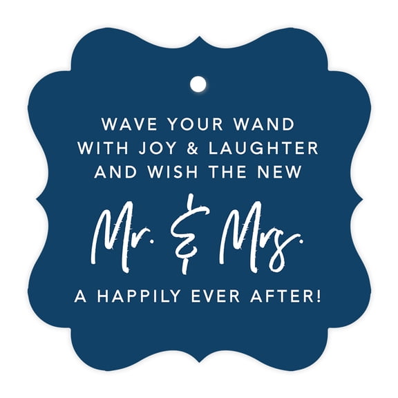Koyal Wholesale Navy Blue Fancy Frame Wedding Ribbon Wand Favor Tags, Wave Your Wand With Joy & Laughter, 96-Pack