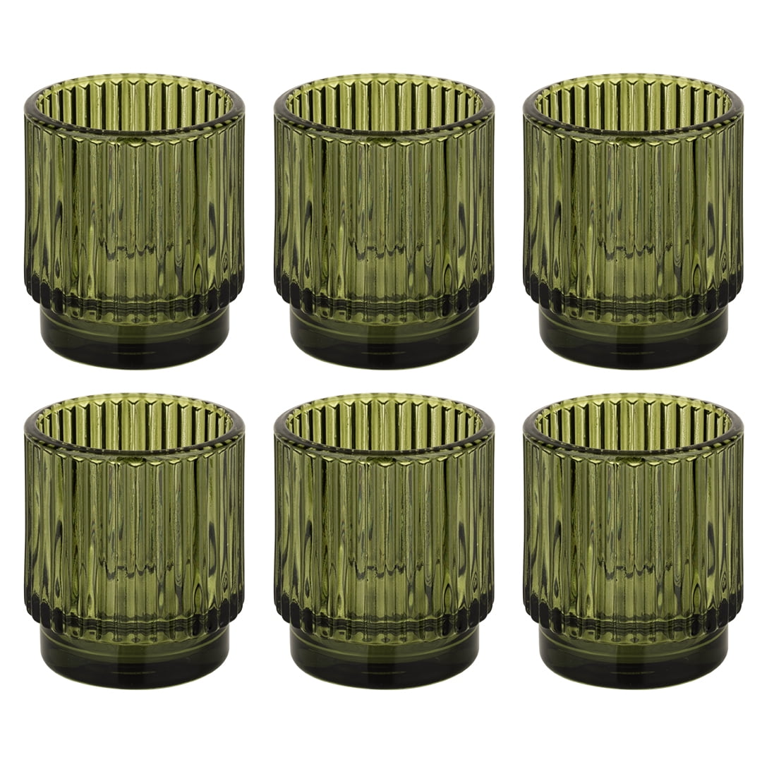 Olive Green Ribbed Glass Votive Candle Holders, Set of 6