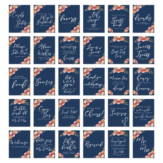 Koyal Wholesale Orange Pink Fall Flowers Wedding Signs Bundle 30 Set for Ceremony, Reception Decor Signage, 8.5 x 11"
