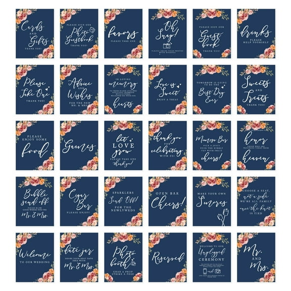 Koyal Wholesale Orange Pink Fall Flowers Wedding Signs Bundle 30 Set for Ceremony, Reception Decor Signage, 8.5 x 11"