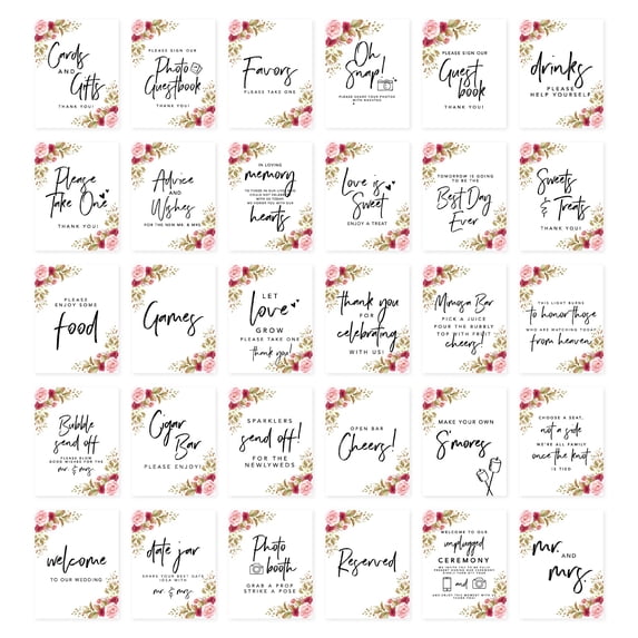 Koyal Wholesale Pink Burgundy Florals Wedding Signs Bundle Set for Ceremony, Reception Decor Signage, 8.5 x 11", 30-Pack
