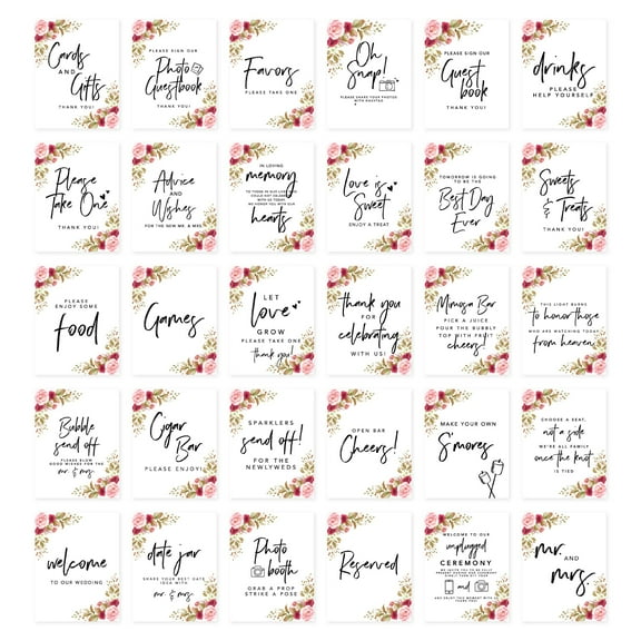 Koyal Wholesale Pink Burgundy Florals Wedding Signs Bundle Set for Ceremony, Reception Decor Signage, 8.5 x 11", 30-Pack
