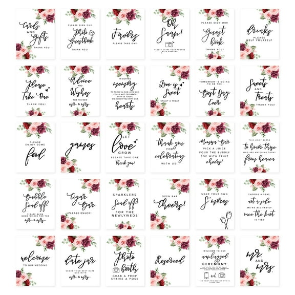 Koyal Wholesale Pink Burgundy Roses Wedding Signs Bundle Set for Ceremony, Reception Decor Signage, 8.5 x 11", 30-Pack