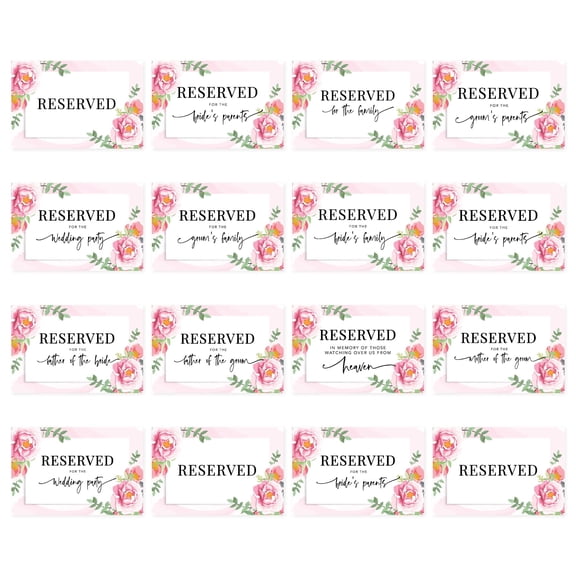 Koyal Wholesale Pink Roses Table Reserved Signs for Wedding Reception, Ceremony, Foldable Table Tent Cards, 16-Pack