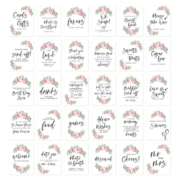 Koyal Wholesale Pink Watercolor Florals Wedding Signs Bundle Set for Ceremony, Reception Decor Signage, 30 Pack