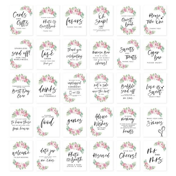 Koyal Wholesale Pink Watercolor Florals Wedding Signs Bundle Set for Ceremony, Reception Decor Signage, 30 Pack
