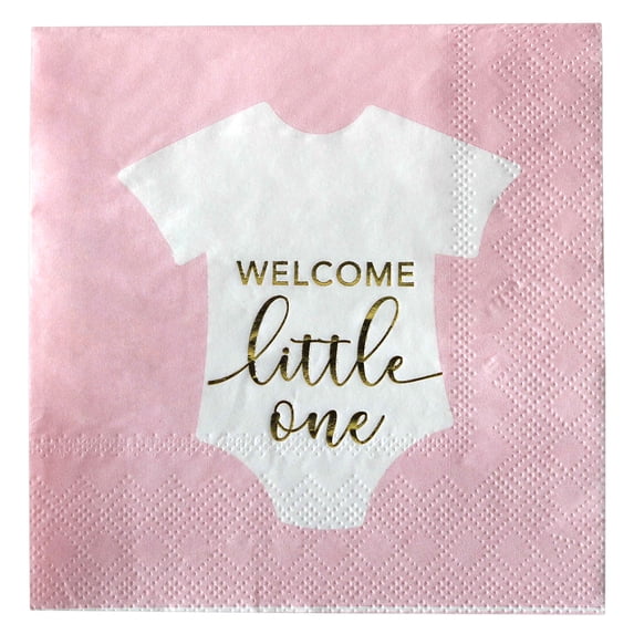 Koyal Wholesale Pink with Onesie Gold Scripted Welcome Little One Saying Cocktail Napkins, Bulk 100-Pack Count 3-Ply