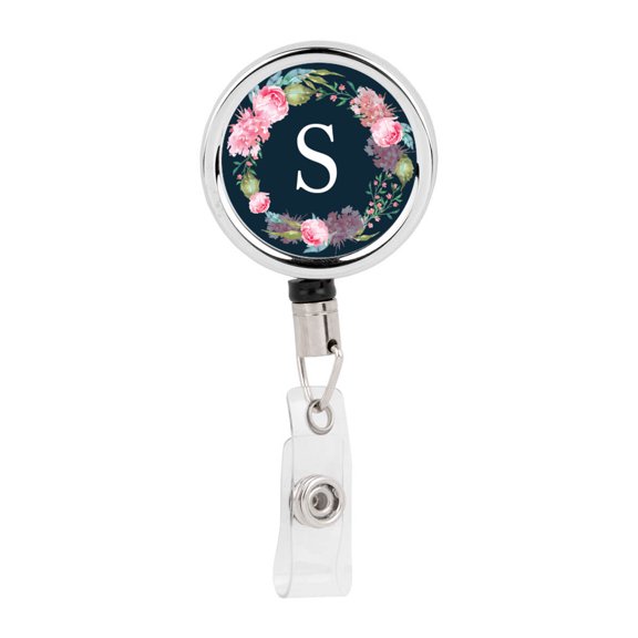 Koyal Wholesale Retractable Badge Reel Holder With Clip, Blush Pink Peonies Flowers Monogram S