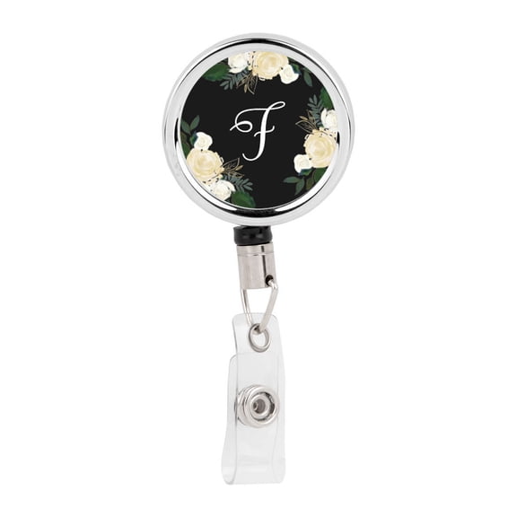 Koyal Wholesale Retractable Badge Reel Holder With Clip, Ivory Cream Roses Flowers, Monogram F