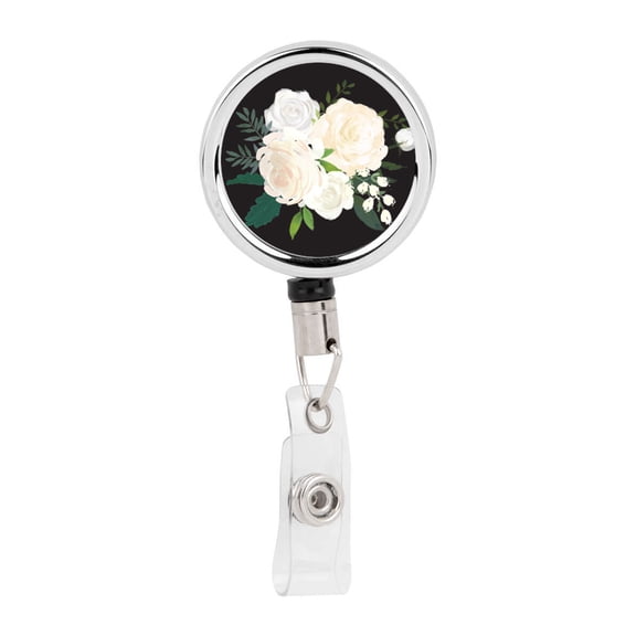 Koyal Wholesale Retractable Badge Reel Holder With Clip, Ivory Roses Flowers, Floral Design