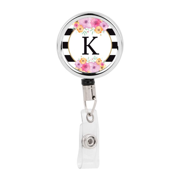 Koyal Wholesale Retractable Badge Reel Holder With Clip Modern Floral Stripes, Monogram K
