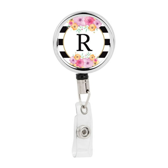 Koyal Wholesale Retractable Badge Reel Holder With Clip Modern Floral Stripes, Monogram R