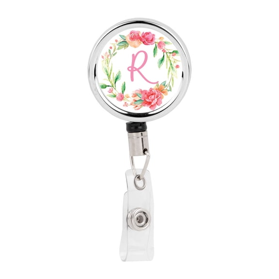 Koyal Wholesale Retractable Badge Reel Holder With Clip, Wild Garden Flowers, Monogram R