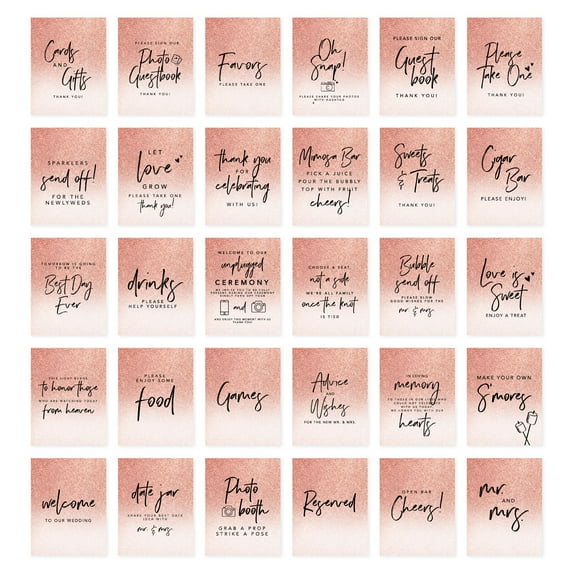 Koyal Wholesale Rose Gold Glitter Wedding Signs 8.5 x 11", Set of30Pack