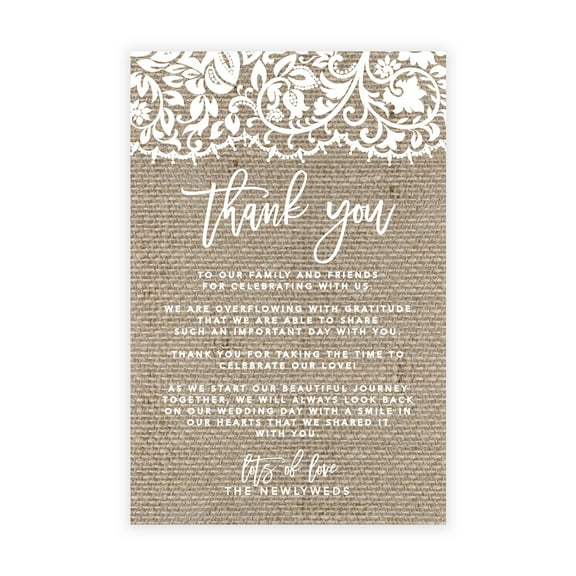 Koyal Wholesale Rustic Burlap and Lace Wedding Thank You Place Setting Cards for Table Reception, Dinner Plates, 56-Pack