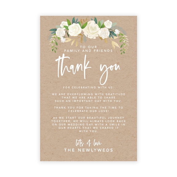 Koyal Wholesale Rustic Kraft Brown with Florals Wedding Thank You Place Setting Cards for Table Reception, 56-Pack