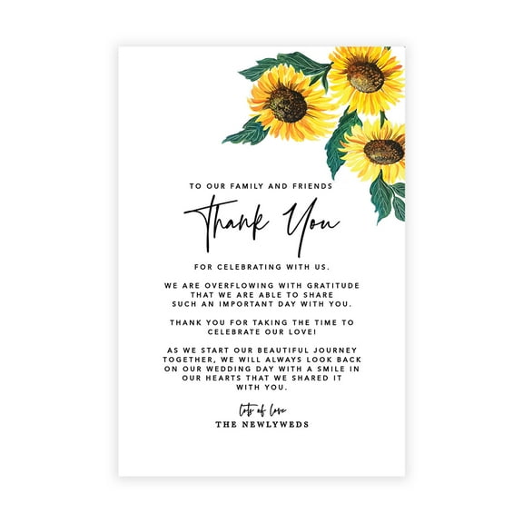Koyal Wholesale Rustic Sunflower Wedding Thank You Place Setting Cards for Table Reception, Dinner Plates, 56-Pack