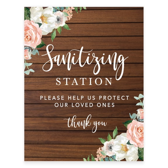 Koyal Wholesale Rustic Wood Floral Sanitizing Station, White Ink Print Table Sign, 1-Pack