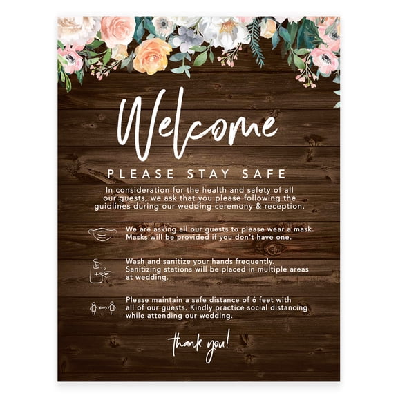 Koyal Wholesale Rustic Wood Floral Welcome Please Stay Safe, White Ink Print Table Sign, 1-Pack