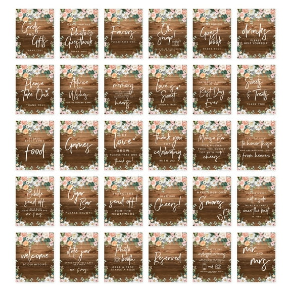Koyal Wholesale Rustic Wood Florals Wedding Signs Bundle Set for Ceremony, Reception Decor Signage, 8.5 x 11", 30-Pack
