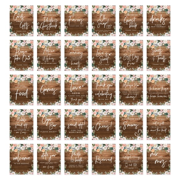 Koyal Wholesale Rustic Wood Florals Wedding Signs Bundle Set for Ceremony, Reception Decor Signage, 8.5 x 11", 30-Pack