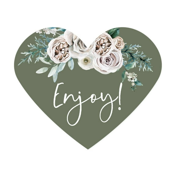 Koyal Wholesale Sage Green | Cream Floral Blossoms Fall Wedding, Heart Label Stickers, Enjoy, 75-Pack