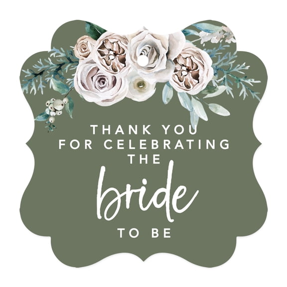 Koyal Wholesale Sage Green|Cream Floral Blossoms Wedding, Fancy Frame Tags, Thank You for Celebrating Bride to Be, 24-Pk