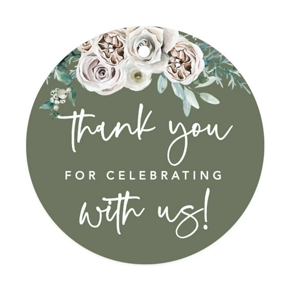 Koyal Wholesale Sage Green | Cream Floral Blossoms Wedding, Round Gift Tags, Thank You for Celebrating With Us, 24-Pk