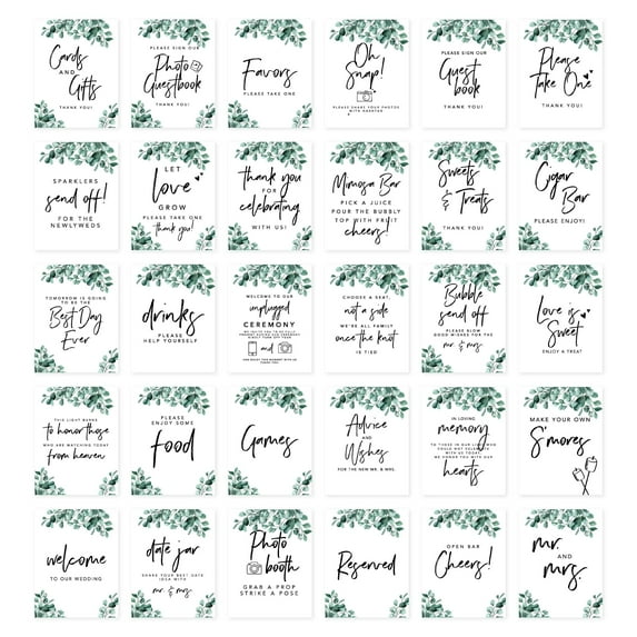 Koyal Wholesale Silver Dollar Eucalyptus Wedding Signs Bundle 30-Set for Ceremony, Reception Decor Signage, 8.5 x 11"