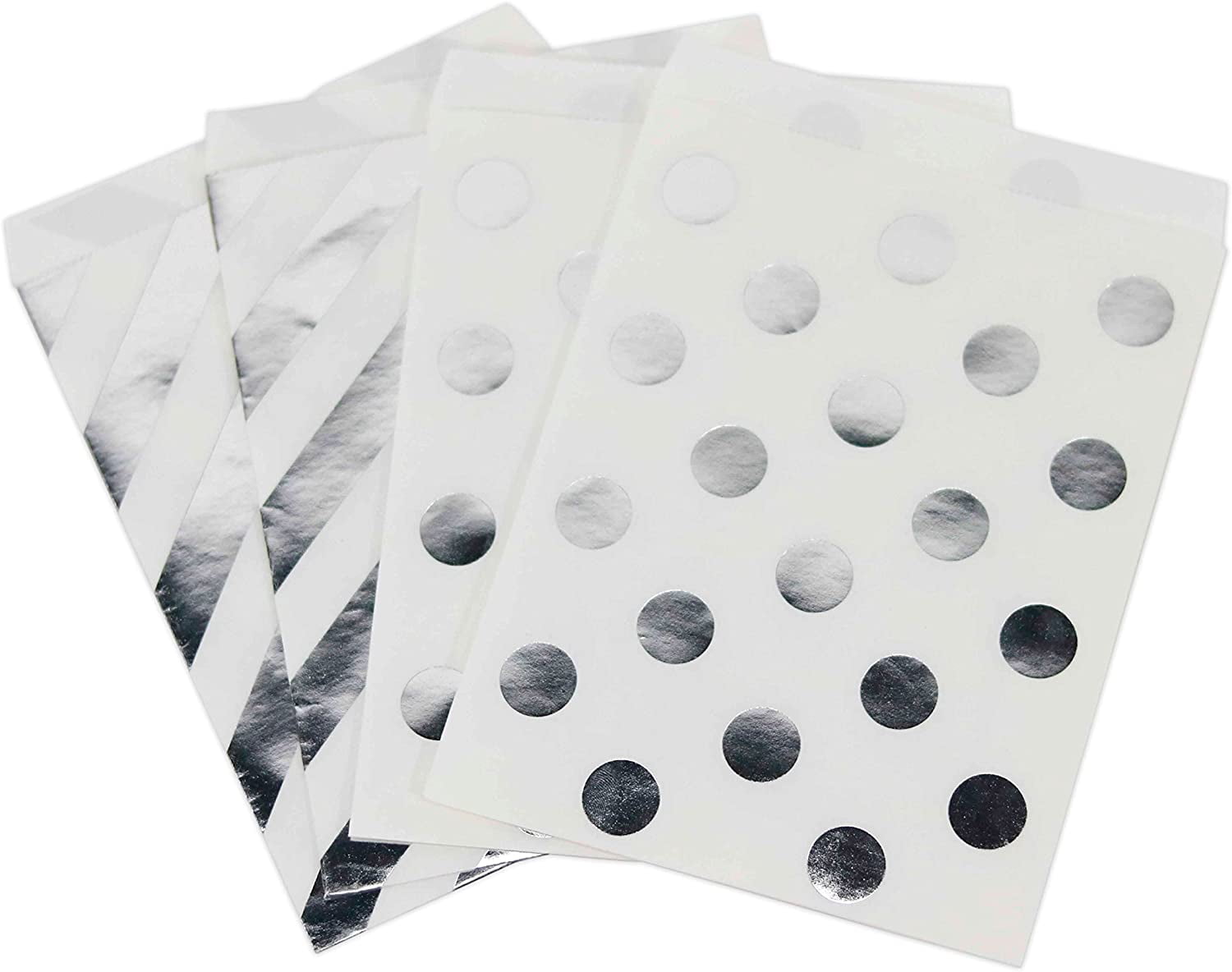 Koyal Wholesale Silver Foil Favor Bags, Polka Dots and Striped, 24-Pack, Shiny Metallic Colored Party Supplies Decorations