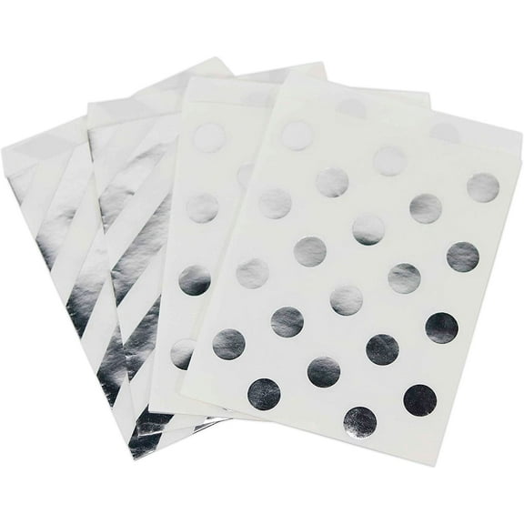Koyal Wholesale Silver Foil Favor Bags, Polka Dots and Striped, 24-Pack, Shiny Metallic Colored Party Supplies Decorations
