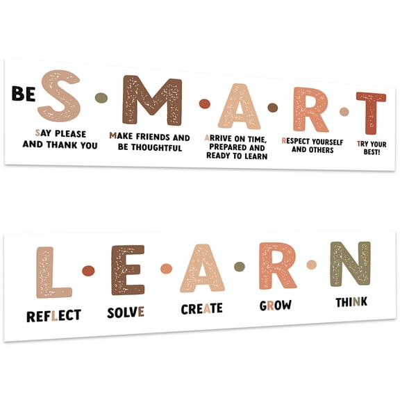 Koyal Wholesale Smart & Learn Classroom Banner Sign for Teachers, Wall Decor Motivational, Boho Gender Neutral, 2-Pk