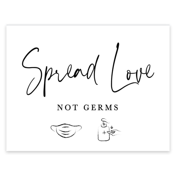 Koyal Wholesale Spread Love Not Germs, Formal Black and White Print With Mask and Sanitizer Design Table Sign, 1-Pack