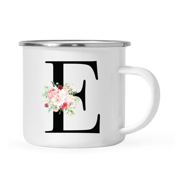 Koyal Wholesale Stainless Steel Campfire Coffee Mug, Blush Floral Monogram, Letter E