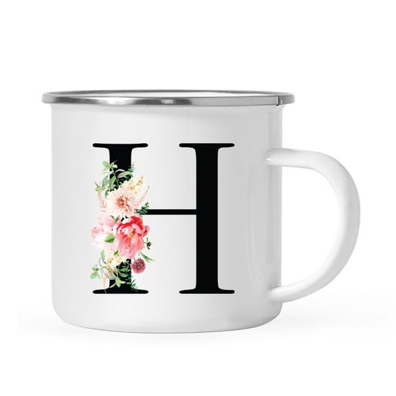 Koyal Wholesale Stainless Steel Campfire Coffee Mug, Blush Floral Monogram, Letter H