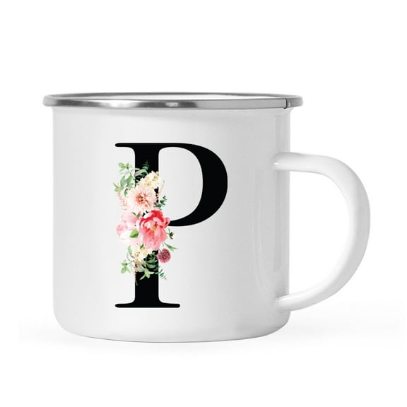 Koyal Wholesale Stainless Steel Campfire Coffee Mug, Blush Floral Monogram, Letter P