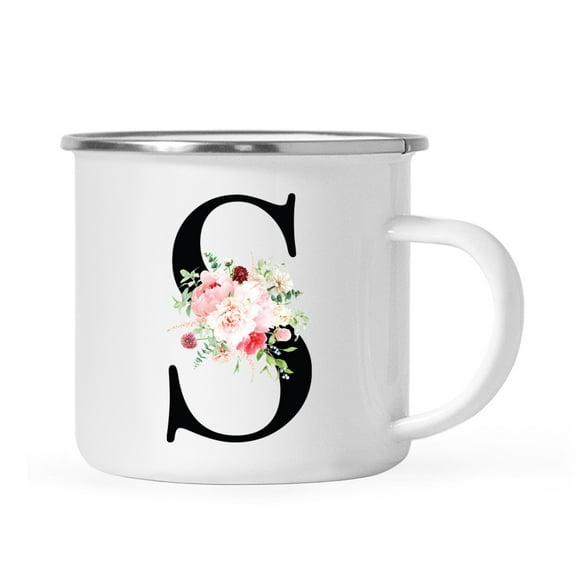 Koyal Wholesale Stainless Steel Campfire Coffee Mug, Blush Floral Monogram, Letter S