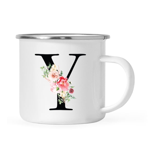 Koyal Wholesale Stainless Steel Campfire Coffee Mug, Blush Floral Monogram, Letter Y