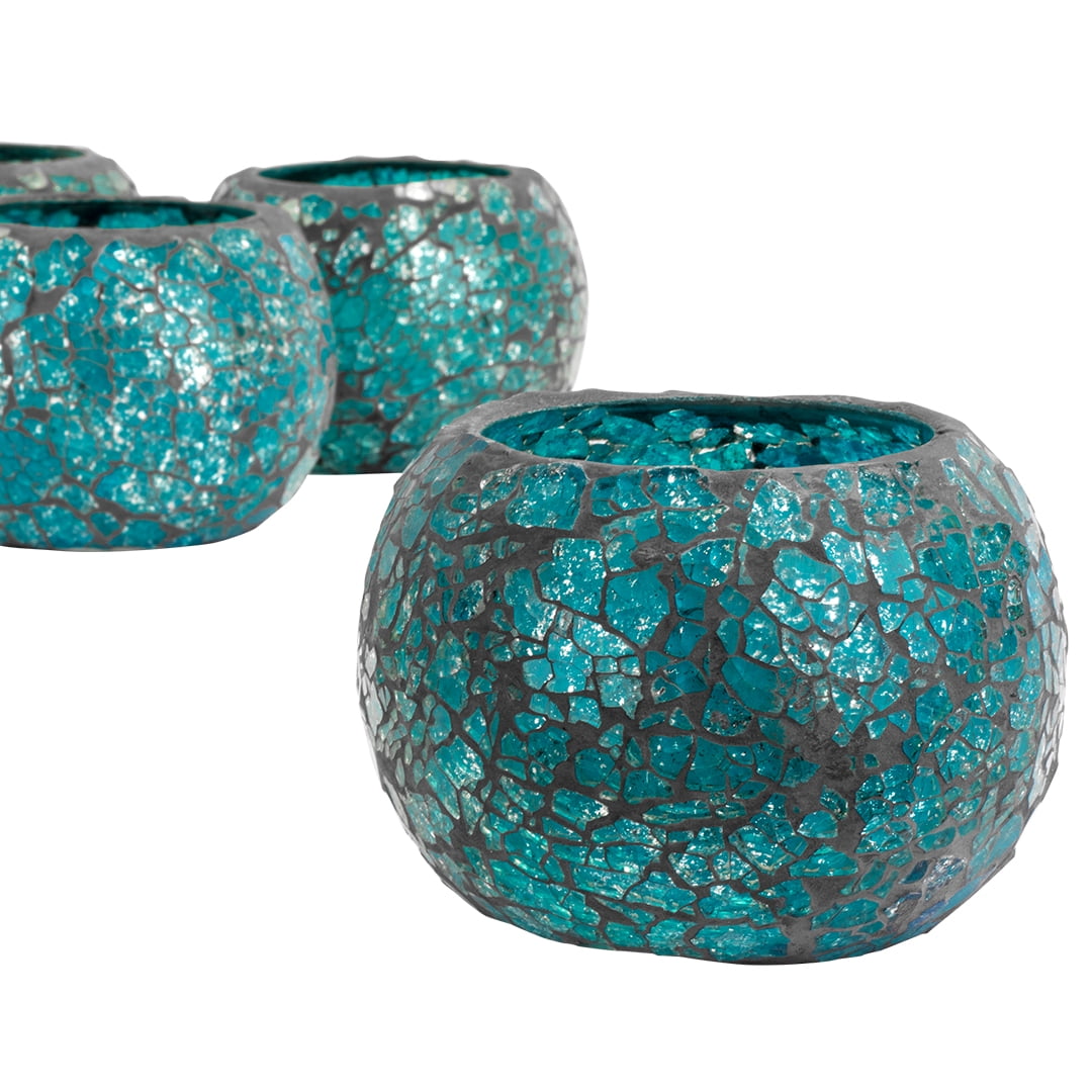 Koyal Wholesale Teal Blue Round Glass Mosaic Votive Candle Holder Set