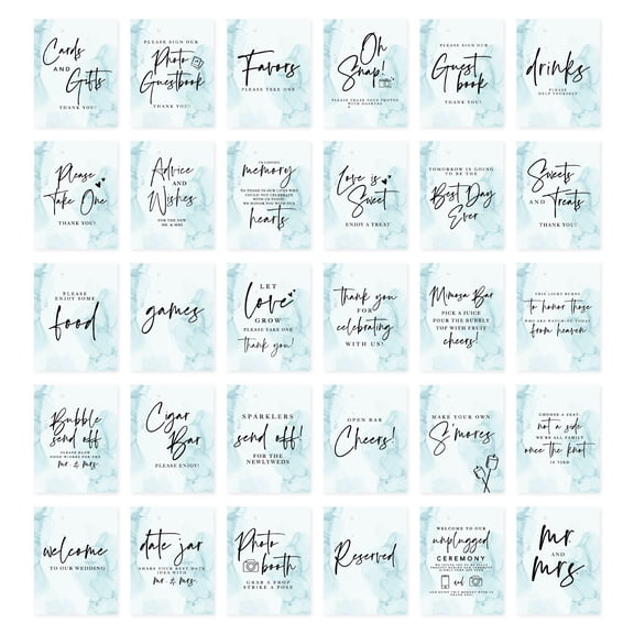 Koyal Wholesale Teal Watercolor Wedding Signs Bundle Set for Ceremony, Reception Decor Signage, 8.5 x 11", 30-Pack