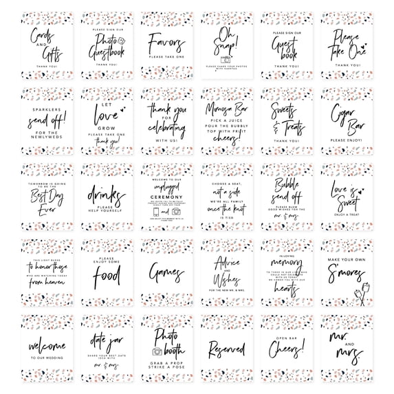 Koyal Wholesale Terrazzo Wedding Signs Bundle Set for Ceremony, Reception Decor Signage, 8.5 x 11", 30-Pack