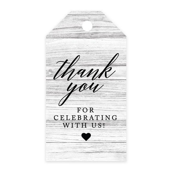 Koyal Wholesale Thank You For Celebrating With Us Favor Tags Gray Rustic Wood Cardstock Gift Tags with Bakers   100-Pk