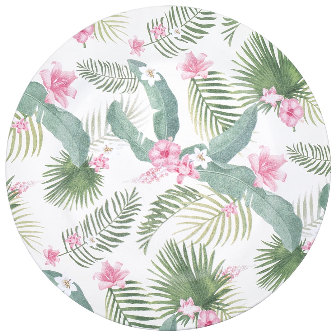 Tropical Hibiscus Leaves Round Acrylic Charger Plates, Set of 4