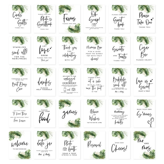Koyal Wholesale Tropical Monstera Leaves Wedding Signs Bundle Set for Ceremony, Reception Decor Signage, 30-Pack
