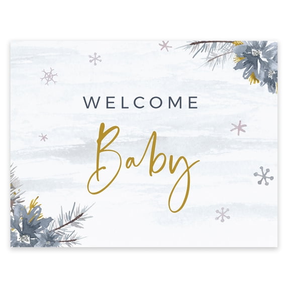 Koyal Wholesale Unframed Winter Watercolor Snowflakes and Gray Florals Sign, Welcome Baby, 1- Pack
