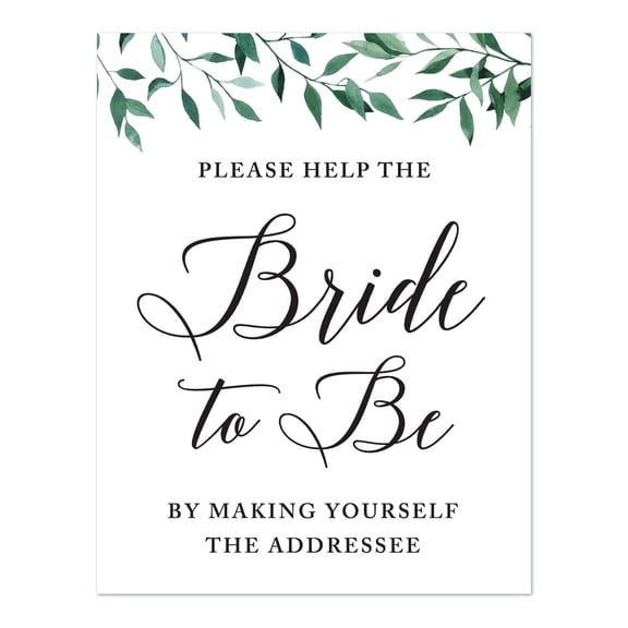 Koyal Wholesale Natural Greenery Help Bride To Be Self Serve Party Sign 8.5x11