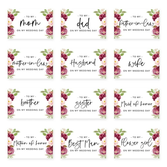 Koyal Wholesale Wedding Day Gift Cards Set with Envelopes Set of 12, Burgundy Pink Roses