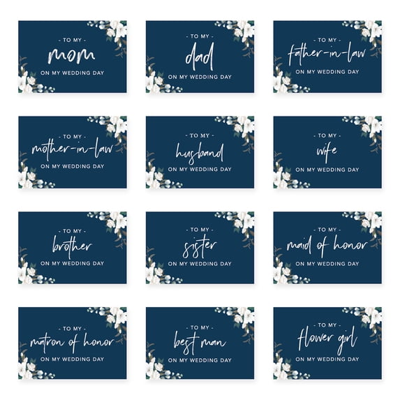 Koyal Wholesale Wedding Day Gift Cards Set with Envelopes Set of 12, Navy Blue White Florals